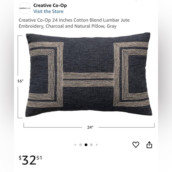 Creative Co-Op 24 Inches Cotton Blend LumbarJute Embroidery Charcoal Pillow Gray - Picture 10 of 10